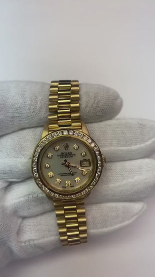 Mop Diamond Dial Rolex Presidential Style  Bezel Watch-Yellow Gold Woman