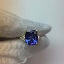 WG 14K AAA Cushion Tanzanite & Trillion Natural Earth Mined Diamonds 6.30 Ct. 3 Stone Ring