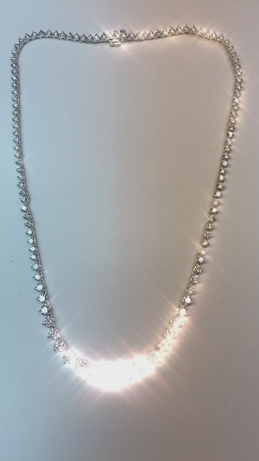 Three Prong Set Riviera Real Diamond Tennis Necklace 15 Carats White Gold