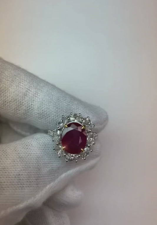 Natural Oval Ruby With Diamonds 6.10 Ct Wedding Ring Gold 14K