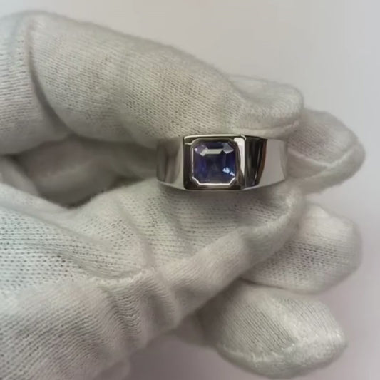 Solitaire Men's Ring 1.50 Carats Flush Set Blue Sapphire Asscher Cut