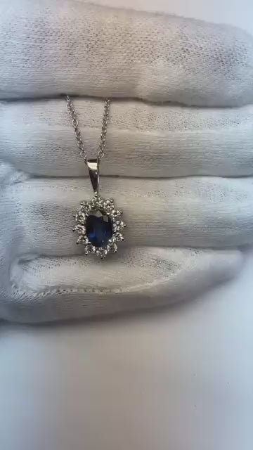 Pendant Necklace Ceylon Sapphire With Natural Earth Mined Diamonds 3.20 Ct White Gold 14K