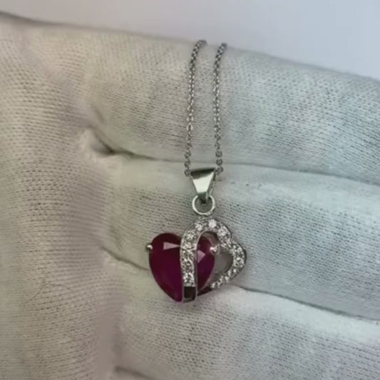 5.60 Ct Heart Cut Ruby With Round Diamonds Pendant Necklace WG 14K