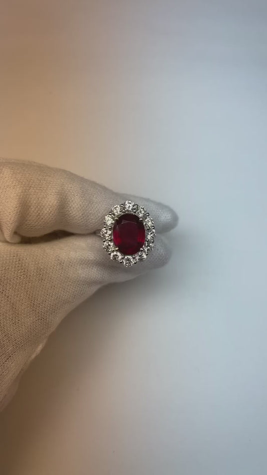 Red Ruby Halo Natural Earth Mined Diamond Wedding Ring White Gold 14K 6.5 Ct