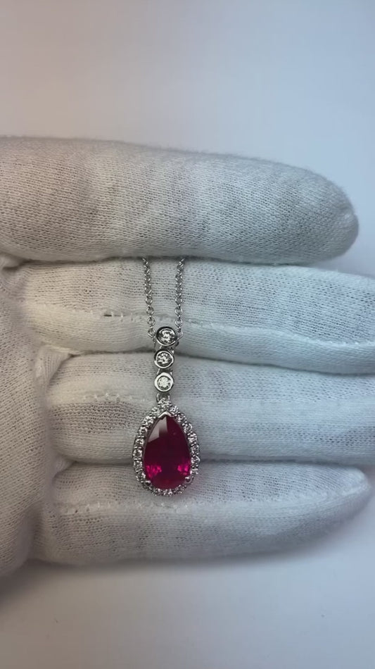 Red Ruby With Natural Earth Mined Diamonds 5 Carats Pendant Necklace Gold White 14K