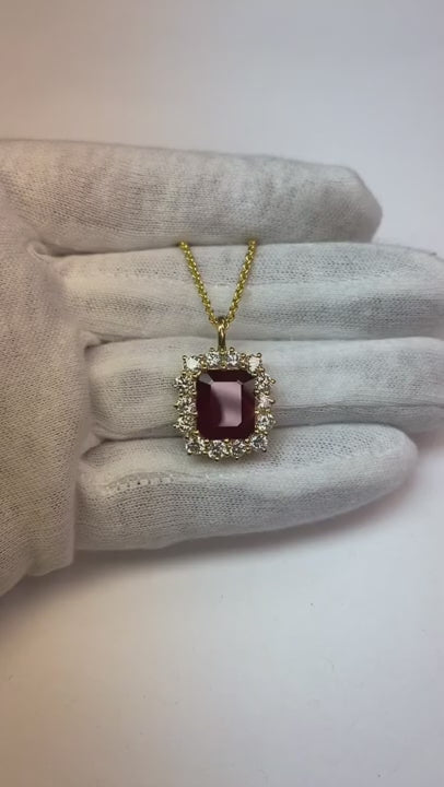 Emerald Cut Red Ruby And Diamond Women Pendant White Gold 9.75 Ct.