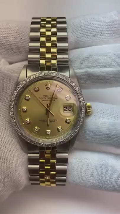 Champagne Diamond Dial Bezel Rolex Datejust Watch Gold & Steel QUICK SET