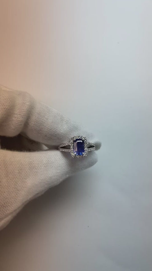 Emerald Cut Blue Sapphire Halo Ring with Natural Earth Mined Diamond 4.25 Carats