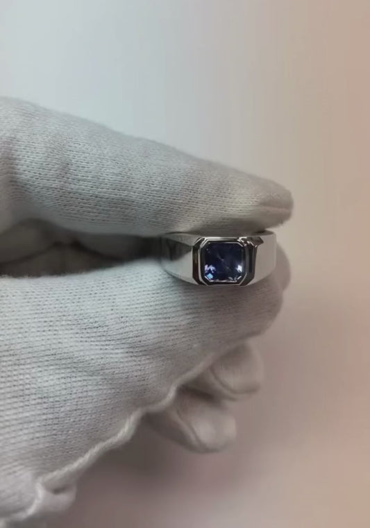 Radiant Solitaire Men's Ring Gold Ceylon Sapphire Thick Shank 1 Carat