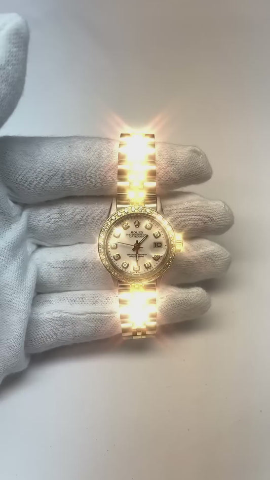 Ladies Rolex Date-Just Watch Natural Earth Mined Diamond White Dial Bezel