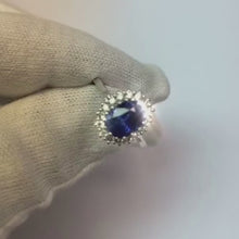 3.5 Ct Oval Shaped Ceylon Sapphire Round Natural Earth Mined Diamond Ring White Gold 14K