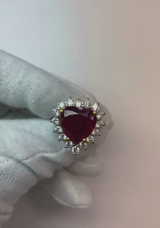 12.75 Ct Heart Shaped Red Ruby Diamond Ring White Gold 14K New