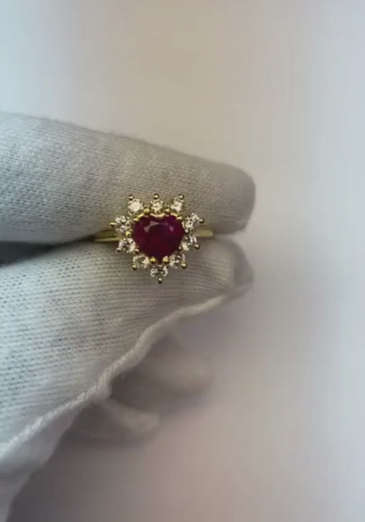 2.25 Carats Heart Cut Ruby And Diamond Ring Yellow Gold 14K
