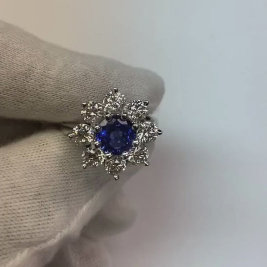 Gold Halo Diamond Ring Blue Round Sapphire Flower Style 4.50 Carats