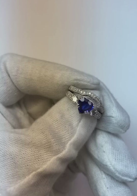 Diamond Wedding Ring Set Heart Blue Sapphire Antique Style 3.50 Carats