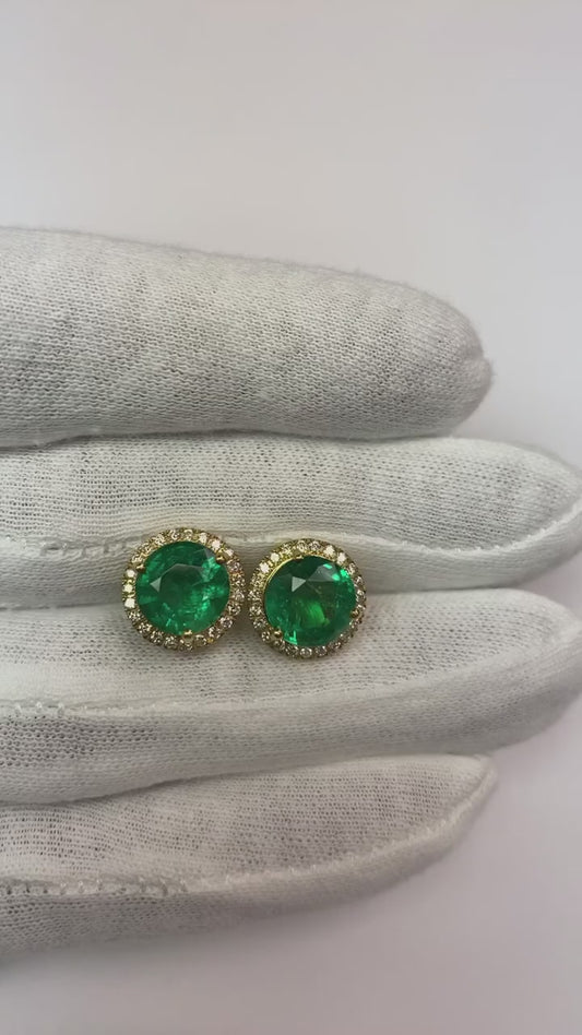 Round Green Emerald With Diamond Women Stud Halo Earring White Gold 14K