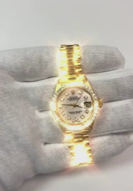 Rolex Dj President Style Watch White Mop Diamond Dial Bezel Gold