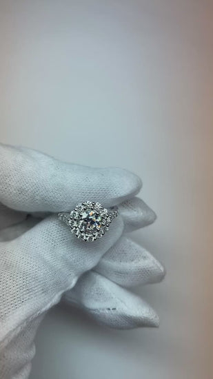 Halo Round Old Mine Cut Genuine Diamond Ring Flower Style Gold 6 Carats
