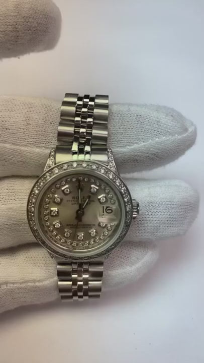 String Diamond Dial Datejust Rolex Ladies Watch Ss & Gold1