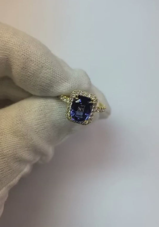 3 Ct Cushion Sri Lanka Blue Sapphire And Halo Diamond Ring