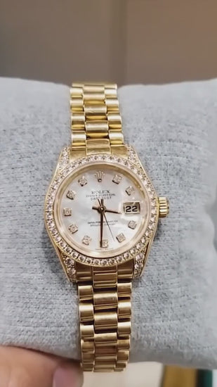 Rolex Datejust Year 2003 White Mother Of Pearl Diamond Dial 26 mm Yellow Gold Ladies Watch