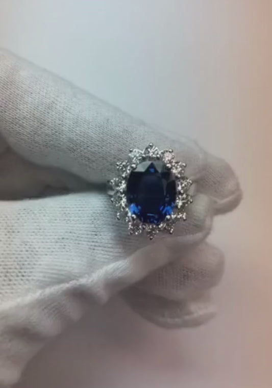 Oval Diamond Engagement Ring Halo Ceylon Sapphire 6 Carat Flower Style