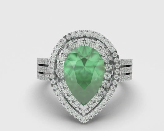 5 Carats Beautiful Pear Green Emerald Diamond Ring White Gold 14K