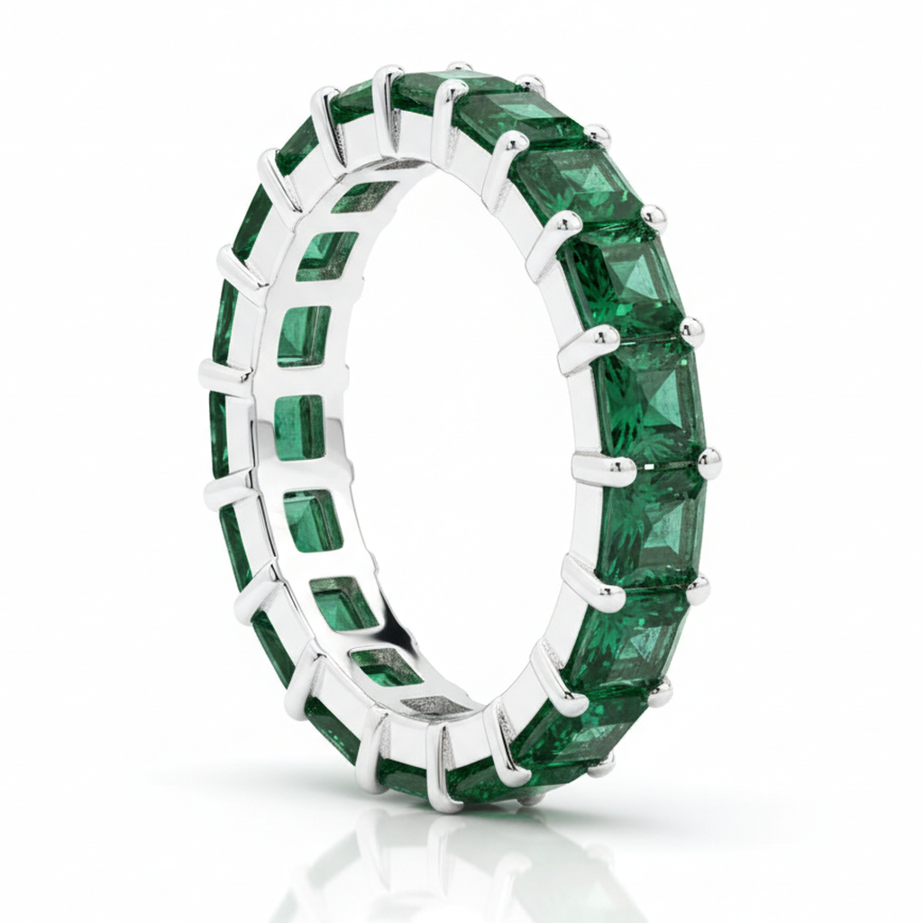 Emerald Ring 1.16 Carat Real Princess Full Eternity 18K White Gold