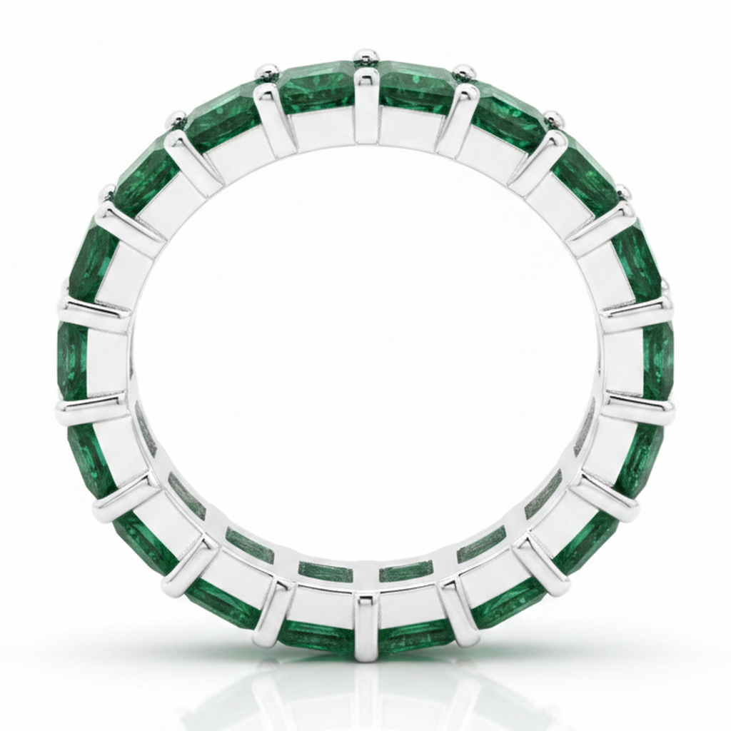 Emerald Ring 1.16 Carat Real Princess Full Eternity 18K White Gold