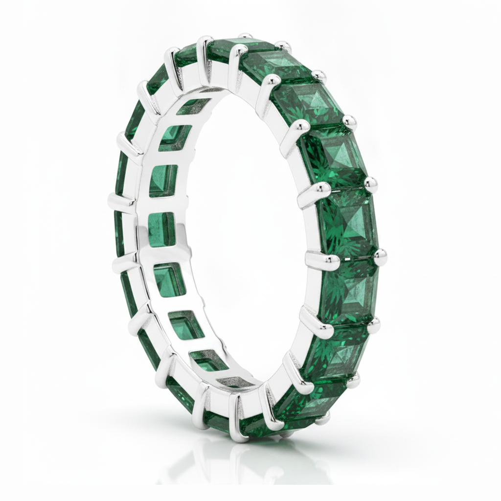 Emerald Ring 1.16 Carat Real Princess Full Eternity 18K White Gold