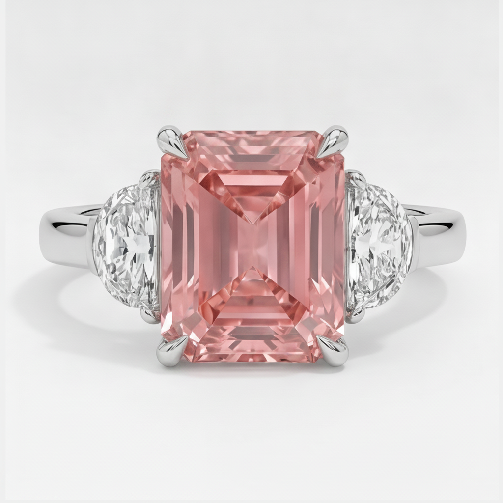 Padparadscha Sapphire Ring 3.6 Carat Natural Radiant and White Half Moon Three Stone Platinum