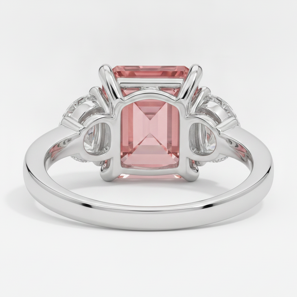 Padparadscha Sapphire Ring 3.6 Carat Natural Radiant and White Half Moon Three Stone Platinum