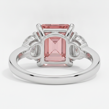 Padparadscha Sapphire Ring 3.6 Carat Natural Radiant and White Half Moon Three Stone Platinum