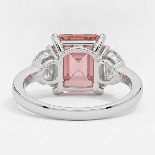 Padparadscha Sapphire Ring 3.6 Carat Natural Radiant and White Half Moon Three Stone Platinum