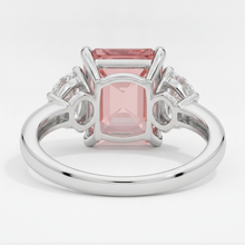 Padparadscha Sapphire Ring 3.6 Carat Natural Radiant and White Half Moon Three Stone Platinum