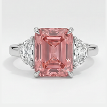 Padparadscha Sapphire Ring 3.6 Carat Natural Radiant and White Half Moon Three Stone Platinum