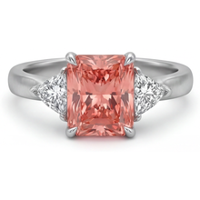 Peach Color Sapphire 3.4 Carat Genuine Radiant Padparadscha and White Trilliant Three Stone Cathedral Ring 14K Gold