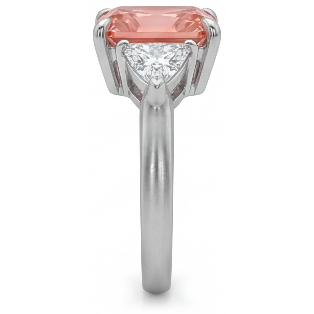 Padparadscha Sapphire Ring 2.9 Carat Genuine Radiant and White Trilliant Three Stone 14K Gold