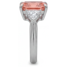 Peach Color Sapphire 3.4 Carat Genuine Radiant Padparadscha and White Trilliant Three Stone Cathedral Ring 14K Gold