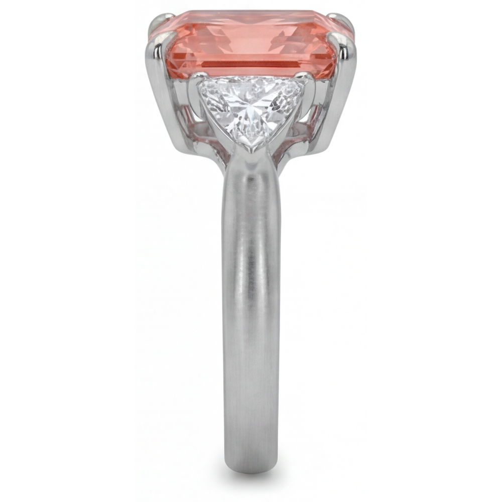 Peach Color Sapphire 3.4 Carat Genuine Radiant Padparadscha and White Trilliant Three Stone Cathedral Ring 14K Gold