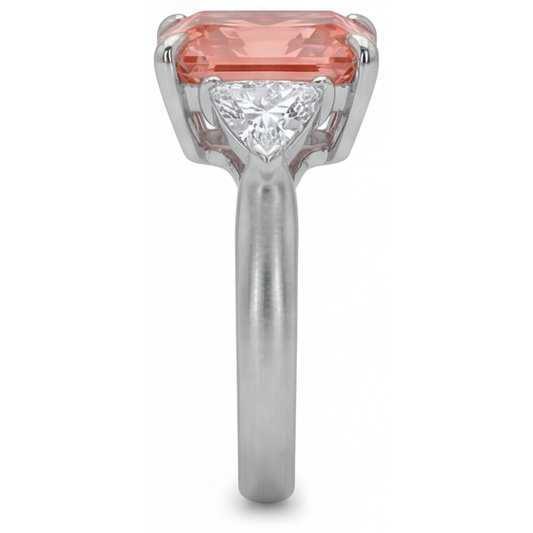 Peach Color Sapphire 3.4 Carat Genuine Radiant Padparadscha and White Trilliant Three Stone Cathedral Ring 14K Gold