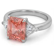 Padparadscha Sapphire Ring 2.9 Carat Genuine Radiant and White Trilliant Three Stone 14K Gold