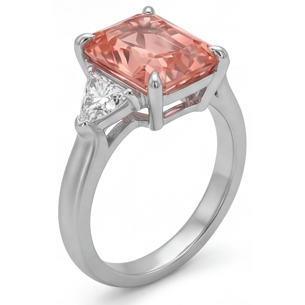 Peach Color Sapphire 3.4 Carat Genuine Radiant Padparadscha and White Trilliant Three Stone Cathedral Ring 14K Gold