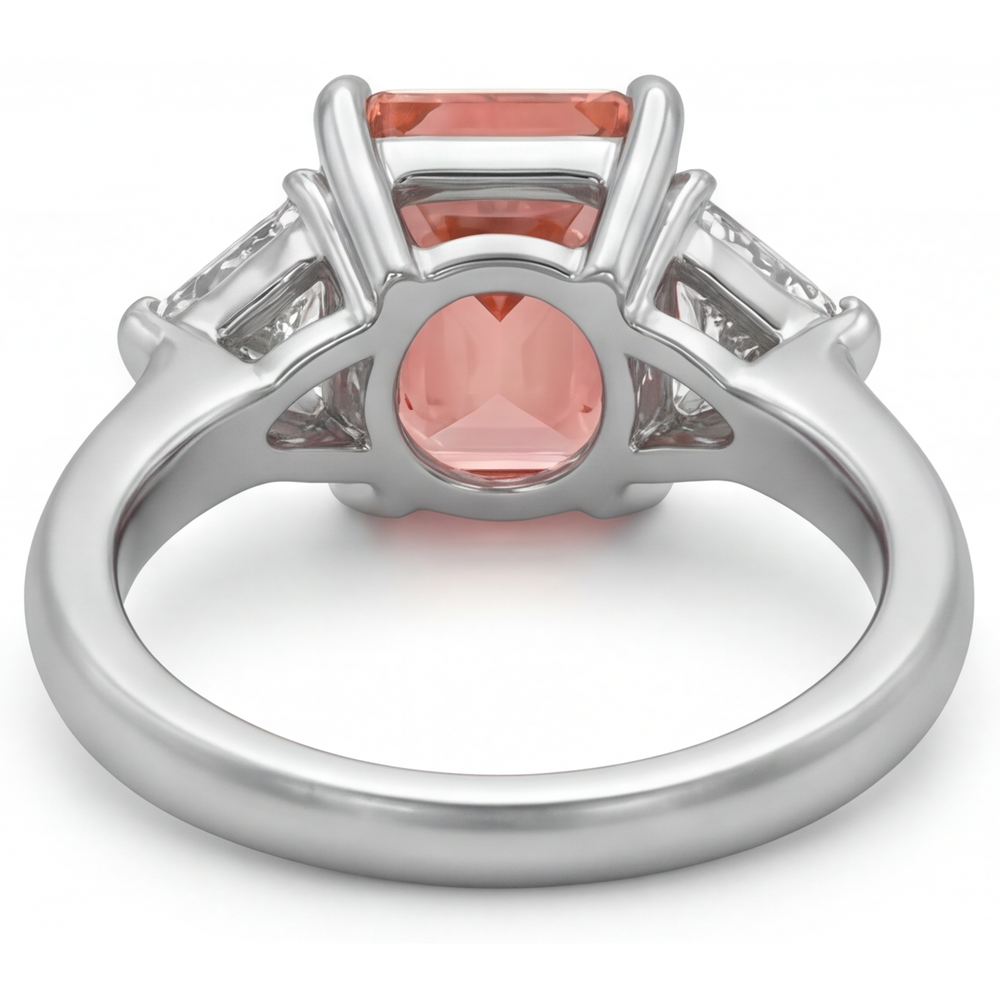 Padparadscha Sapphire Ring 2.9 Carat Genuine Radiant and White Trilliant Three Stone 14K Gold
