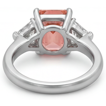 Padparadscha Sapphire Ring 2.9 Carat Genuine Radiant and White Trilliant Three Stone 14K Gold
