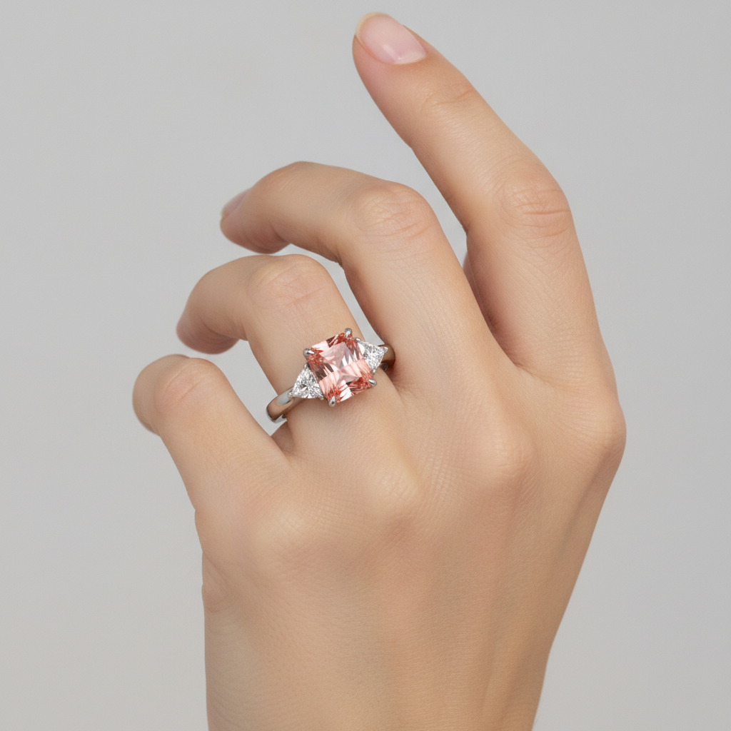 Peach Color Sapphire 3.4 Carat Genuine Radiant Padparadscha and White Trilliant Three Stone Cathedral Ring 14K Gold
