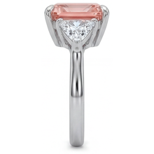 Peach Sapphire Engagement Ring 2.9 Carat Real Radiant Padparadscha and White Trilliant Three Stone Plain 14K Gold