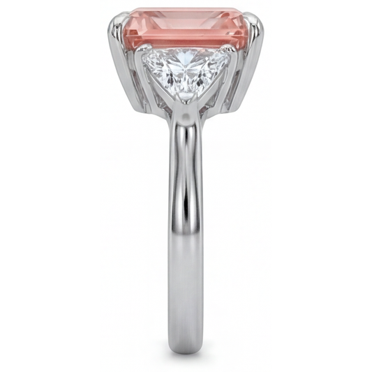 Peach Sapphire Engagement Ring 2.9 Carat Real Radiant Padparadscha and White Trilliant Three Stone Plain 14K Gold