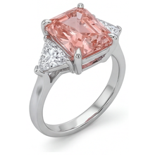 Peach Sapphire Engagement Ring 2.9 Carat Real Radiant Padparadscha and White Trilliant Three Stone Plain 14K Gold