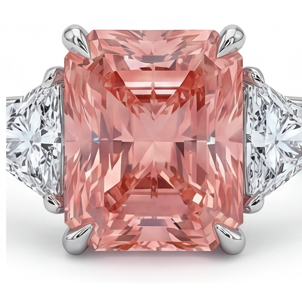Peach Sapphire Engagement Ring 2.9 Carat Real Radiant Padparadscha and White Trilliant Three Stone Plain 14K Gold